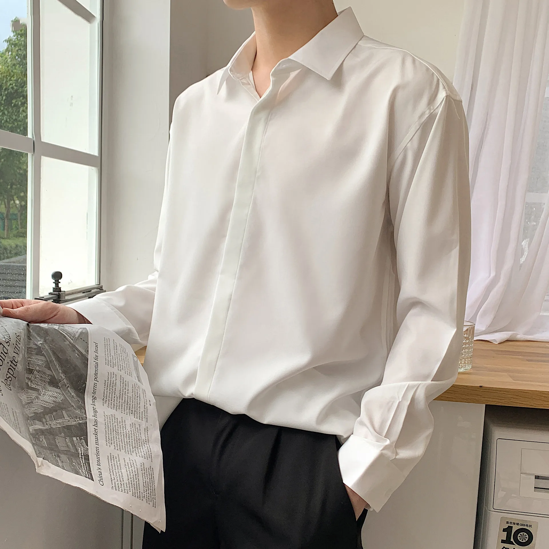 White Shirt Men's Long Sleeve Suit Top Men's Casual Loose Ice Silk Shirt Thin