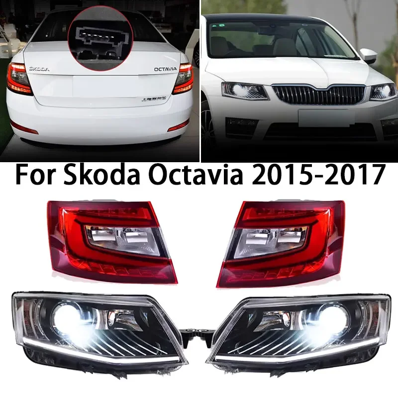 

Фара с задним фонарем для Skoda Octavia, светодиодная фара 2015-2017, фары DRL, указатель поворота, дальний свет, линза проектора «ангельский глаз»
