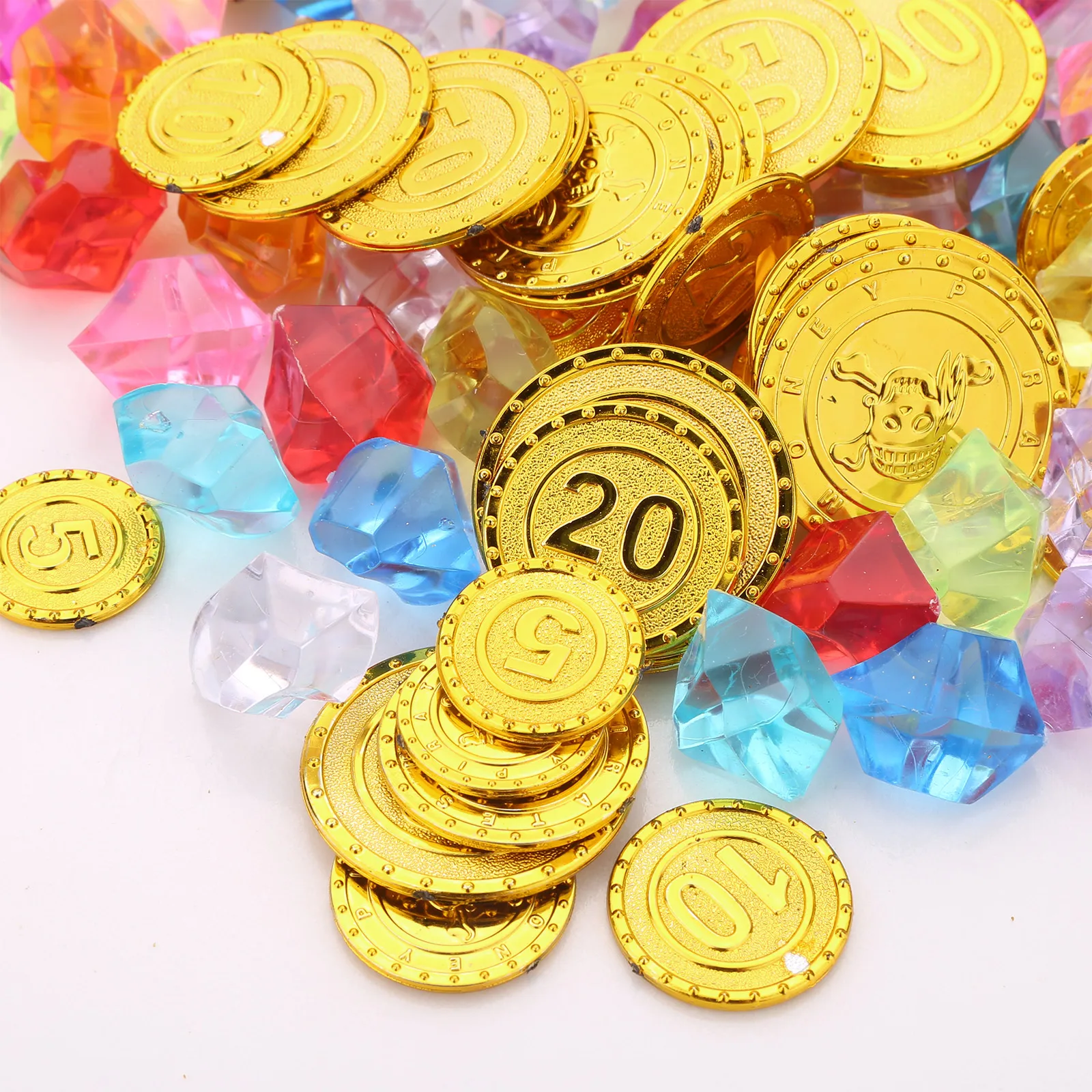 Multi Type 100Pcs/120Pcs Plastic Treasure Toys Gold Coins Crystal Gem Pirate Kids Halloween Birthday Party Props Accessories