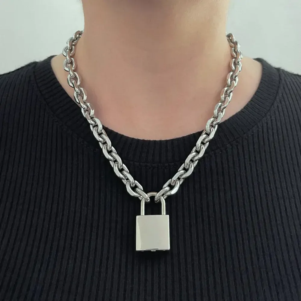 

Punk Solid Stainless Steel Chain Oversized Padlock Necklace Women Mens Unisex Chunky Heavy Lock Key Necklace Handmade Jewelry