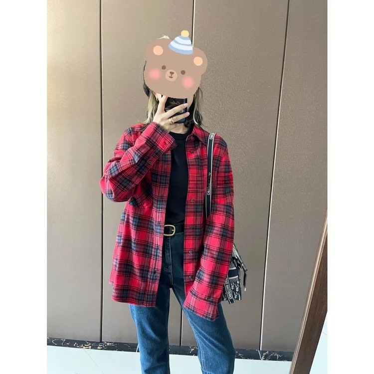 

YN Retro Loose Casual Plaid irt Jaet Women's Faion Spring Long Sve Cotton Commute Sle Snowflake Spray Ink A...