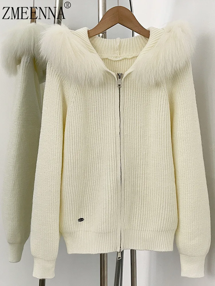 

ZMEENNA Womens Fashion White Knitted Cardigan Sweater Fur Trim Hooded Zip Up Jacket Long Sleeve Winter Warm Outerwear ZM4654