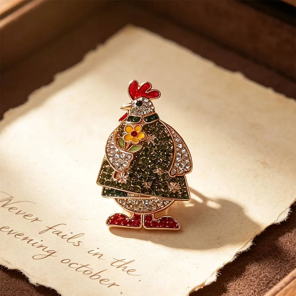 Vintage Luxury Rhinestone Rooster Brooch Cartoon Chicken Pin Elegant Coat Suit Blazer Accessory Chinese Zodiac Animal Jewelry