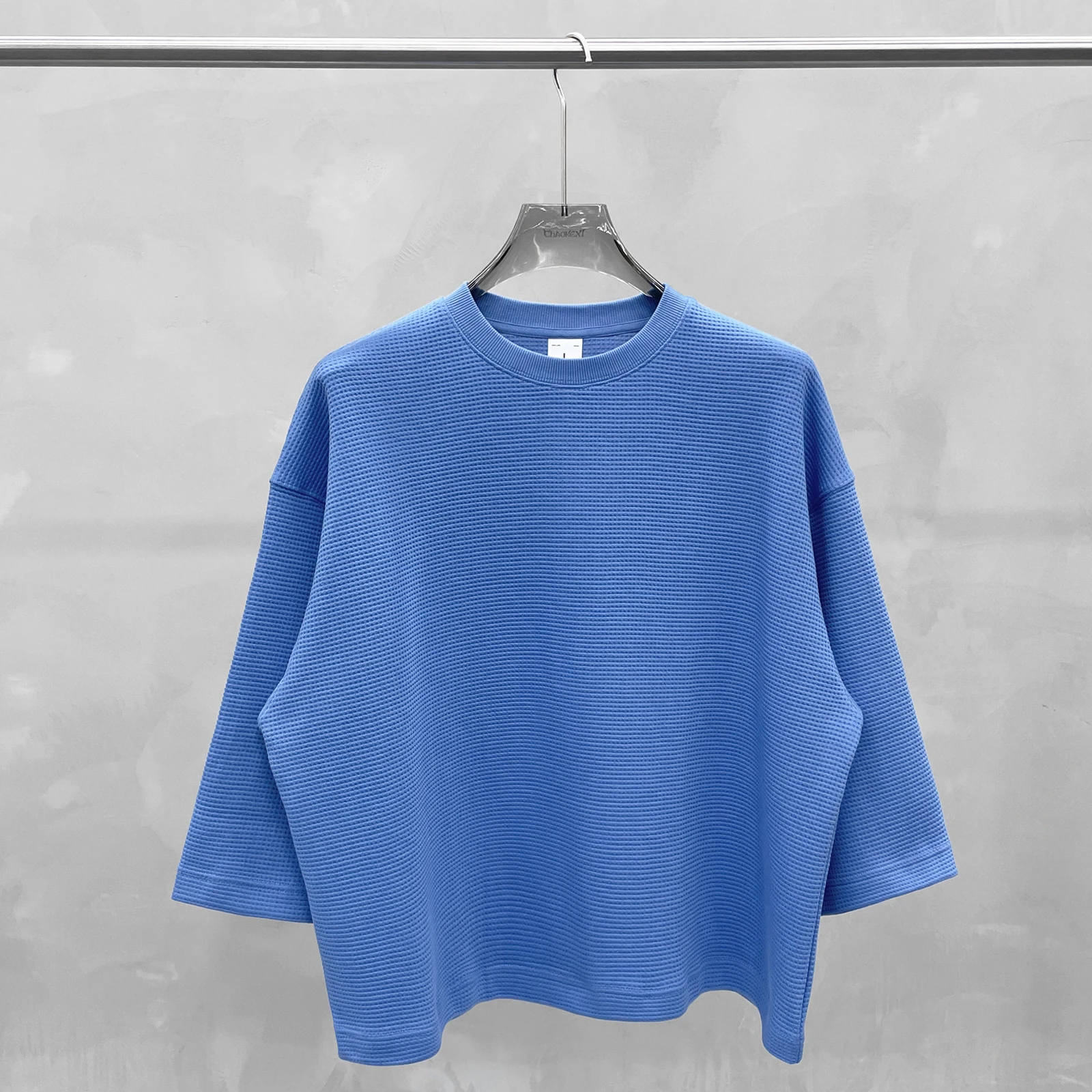 Men's Waffle Knit 3/4 Sleeve T Shirt Classic Crew Neck Shirt Oversized Casual Cotton Lounge Tops Women Spring and Autumn Tee