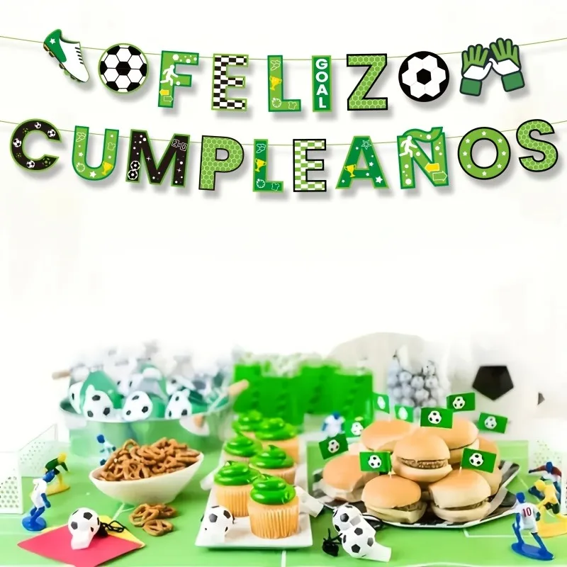 Feliz Cumpleanos Banner, Spanische Fußball-Themen-Girlande mit Fußball, Stollenschuhe und Handschuhen für Jungen-Partydekoration – Detail 4