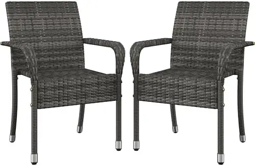 Set of 2 Stackable Outdoor Rattan Dining Chairs, All-Weather Firepits Armchair w/Armrests, Steel Frame for Garden