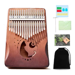 Miwayer 17/21 Keys Kalimba Thumb Piano Moon Cat Pattern Solid Mahogany Wood Beginner Musical Instrument with Bag Tuning Kit