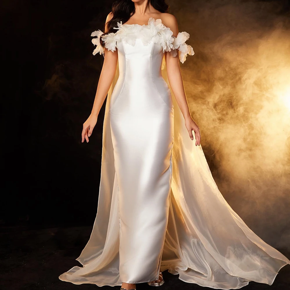 

Elegant White Watteau Train Evening Dress Formal pleats Flower Sleeveless Satin Off the Shoulder Strapless Floor Length Straight