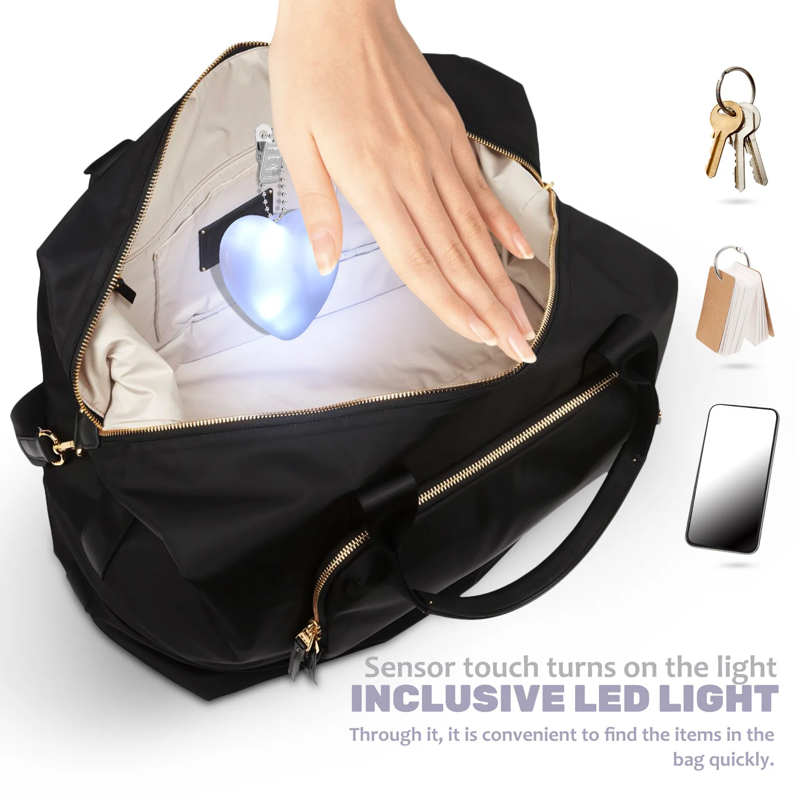 コンパクトなハート型 LED 財布ライト タッチ起動ハンドバッグライト ポータブルバッグランプ 女性用 夜間使用 財布アクセサリー