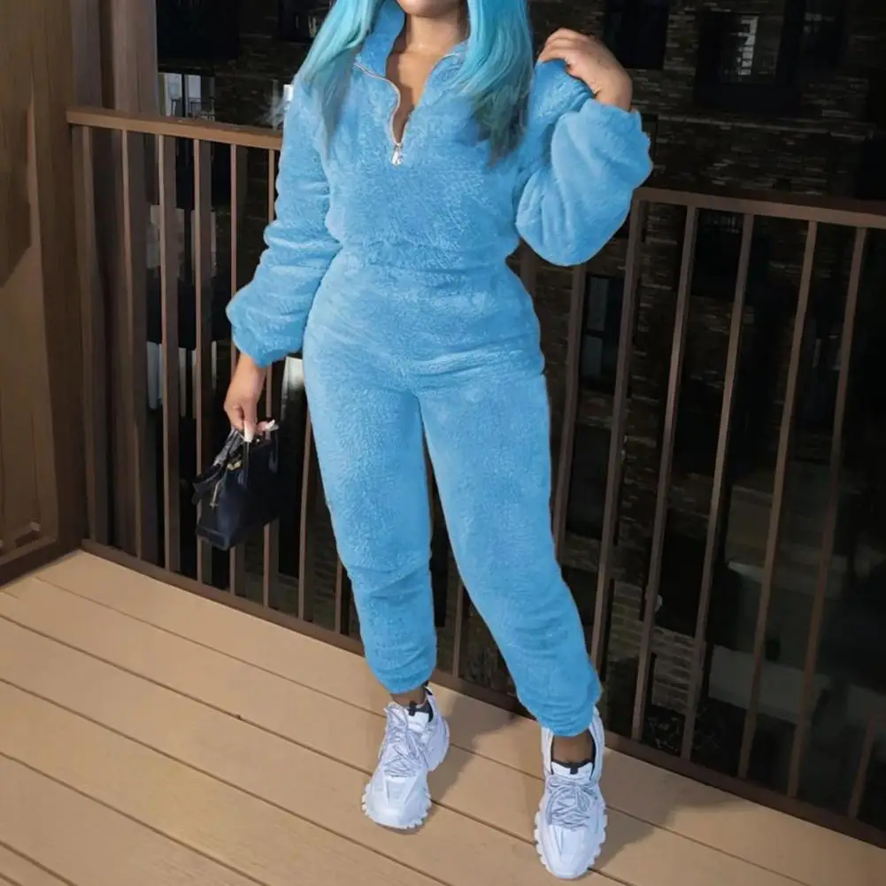 Women Two-piece Set Women's Cozy Plush Lounge Set with Stand Collar Top Elastic Waist Pants Winter Pajama Set for Sport for Fall