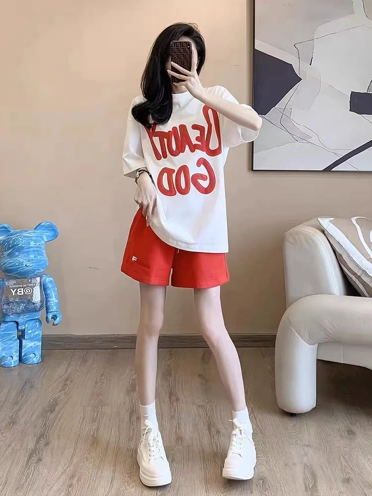 

Salt Series Casual Sportswear Set Women's Summer Loose Fashionable Short Sleeve Shorts Two-Piece Set Stylish round Neck Top