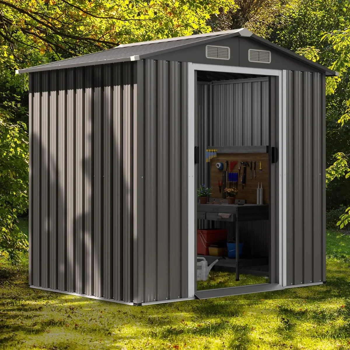 Outdoor Storage Shed 6 x 4 FT, Double Sliding Door, 4 Front and Back Vent, Galvanized Metal Garden Storage Room