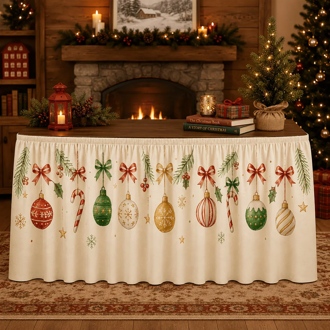 Retro sketch-style Christmas table skirt with suspended star cartoon print. Decor for winter Christmas holiday party.xzj