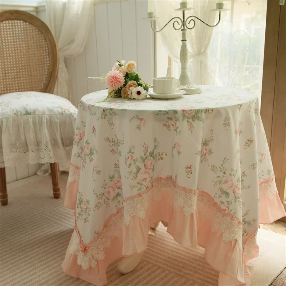 yesVintage Princess Style Tablecloth Pink Rose Ruffled Pure Cotton Tablecloth Cover Cloth Coffee Table Cloth Sofa Cover Cloth