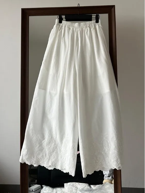 

SuperAen New 2025 Pants Women's Summer Loose Design Casual Embroidered White Wide-leg Pants