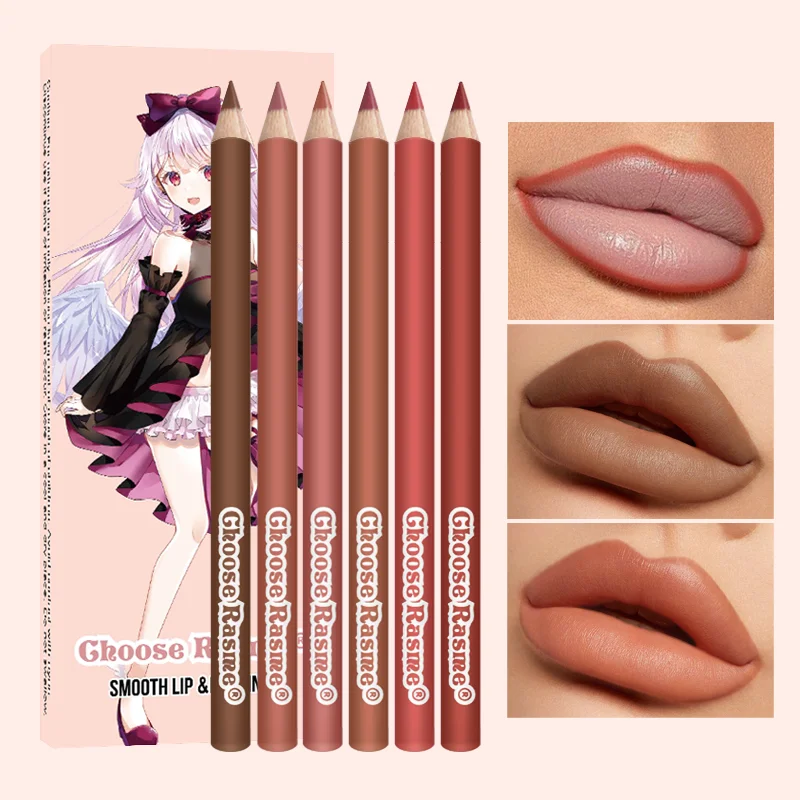 6-teiliges Lipliner-Stift-Set, 6 Farben, wasserdicht und schweißfest, verblasst nicht leicht, Antihaft-Tasse, nacktes Lippenstift-Stift-Set