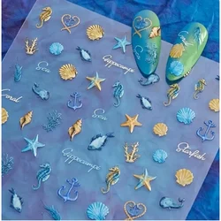 1pcs Ocean Nail Art Stickers 5D Summer Starfish Seashell Nail Decals Decoration Parts Y2K Embossed Nail Supplies Manicure Slider