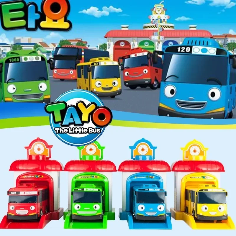 [Funny] 4pcs/set Scale model Tayo the little bus children miniature bus baby oyuncak garage tayo bus Ejection impact car vehicle