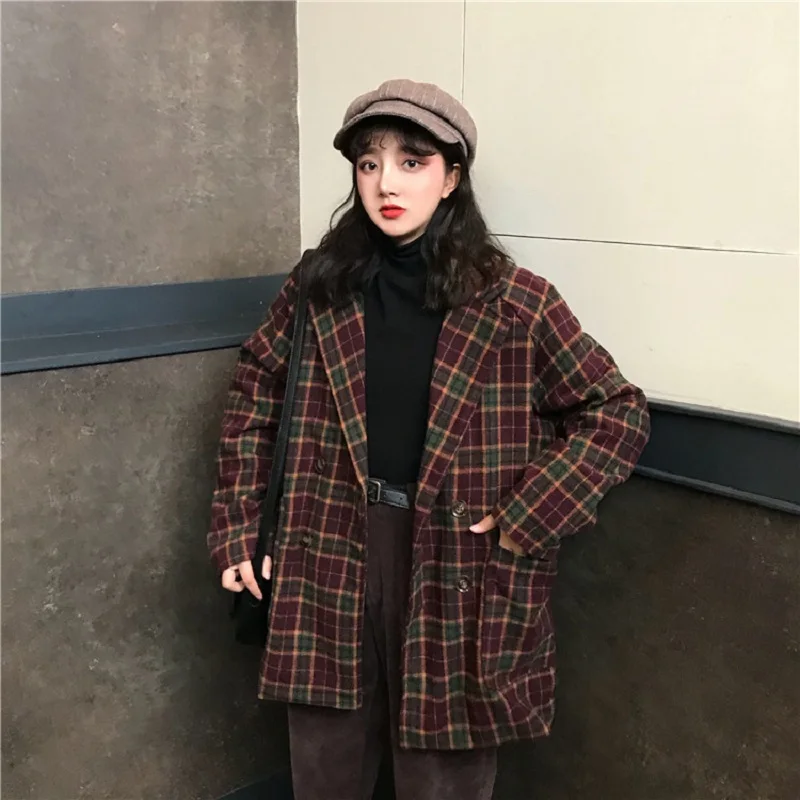 Korean ulzzang loose plaid woolen coat female autumn new ins Harajuku vintage fashion suit collar button casual women\'s jacket