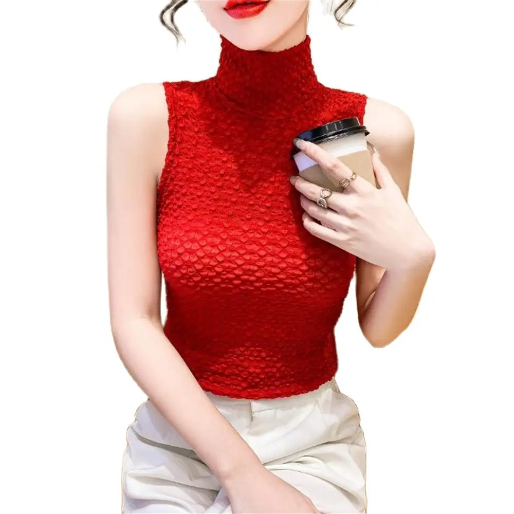 Women's Lace Bottoming Shirt Mesh Sleeveless Vests Slim Waistcoat Hollow Out Tops Summer Bodycon Clothing Thin Gilet Solid