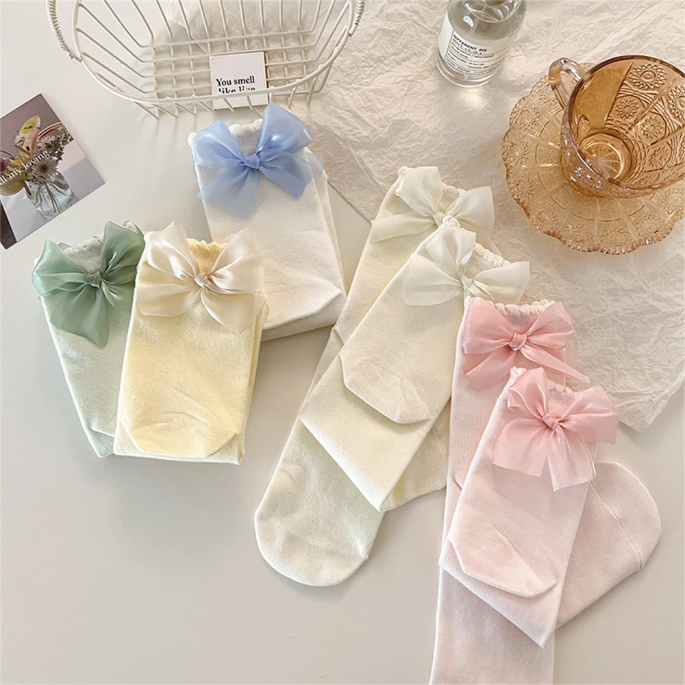 Japanese Style Pink Lolita Sweet Princess Dress Socks Girls' Spring Summer All-match Solid Color Lace Bow Mid-tube Cotton Socks