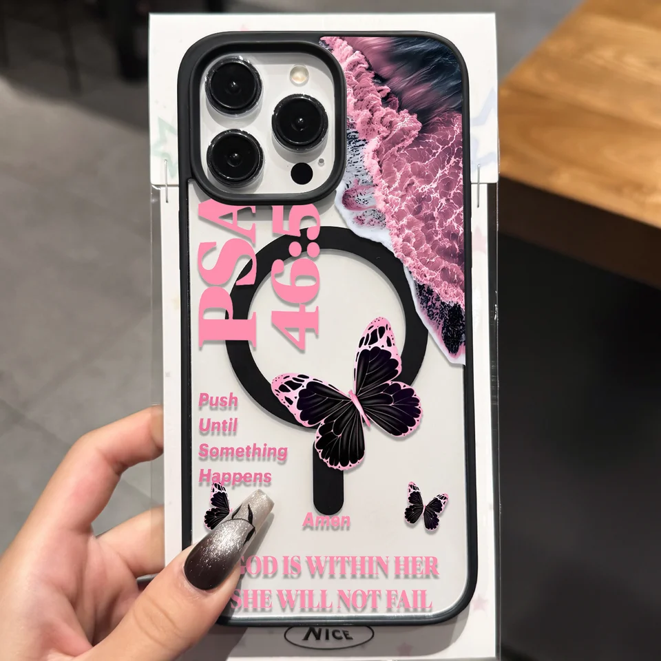 Funda protectora magnética transparente de estilo ins con ola rosa y mariposa, eslogan inspirador, compatible con iPhone 11-17 Pro/Pro Max/Plus/Air y Samsung S23/S24/S25 Plus/Ultra, carga inalámbrica magnética fuerte, universal para accesorios magnéticos 5