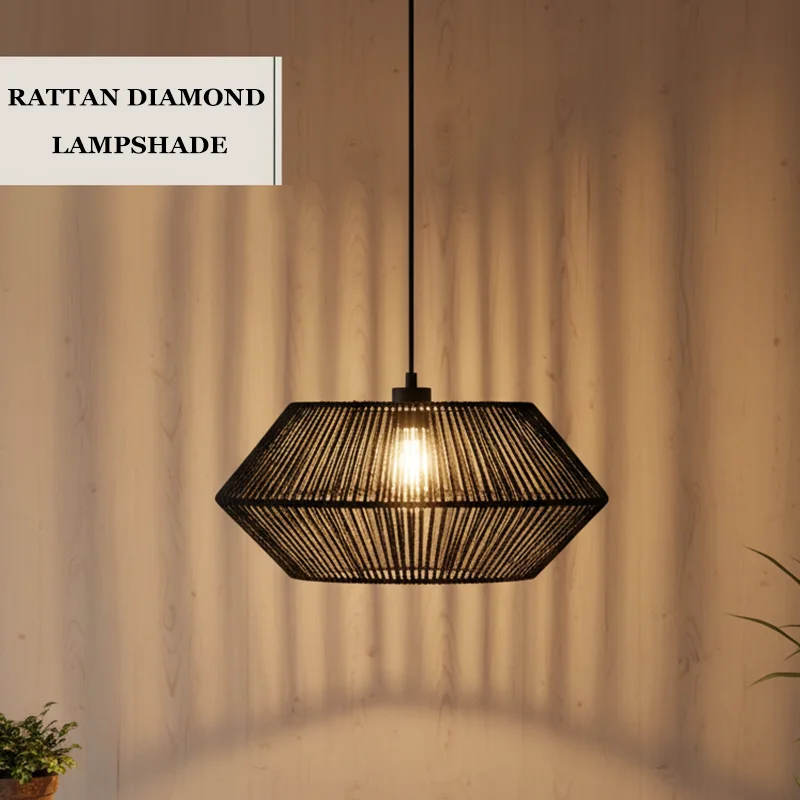 Rattan Woven Lamp Shade, Diamond Faceted Pendant Light Cover, Boho Decor for Living Room Cafe