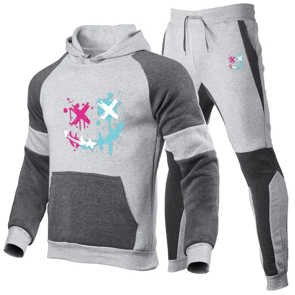 smile face Print 2025 Men's New Patchwork Sets Spring And Autumn Warm Comfortable Casual Hoodie+Sports Pants Harajuku Suit