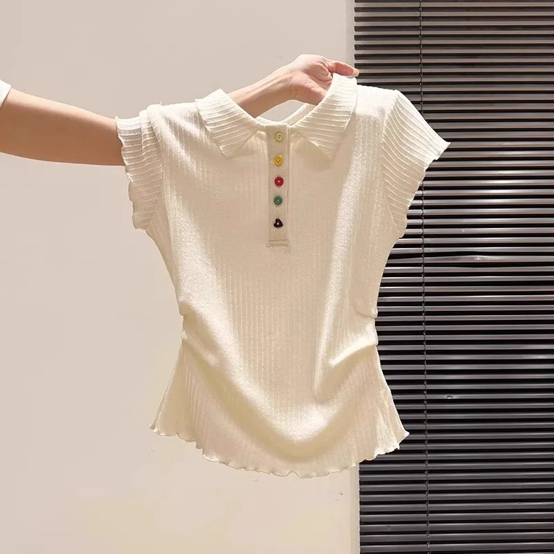 2025 봄 여름 여성 신상품 작은 신선함을 더한 니트 스웨터 슬림 라펠 컬러 버튼 반소매 탑