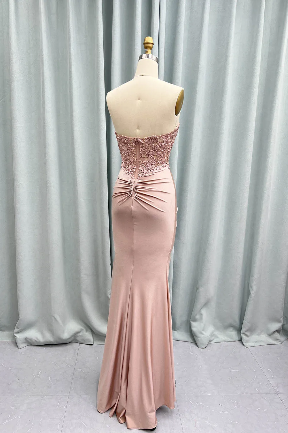 YQLNNE Sexy Pink High Slit Long Prom Dresses Strapless Embroidered Mermaid Dress with Ruched Side