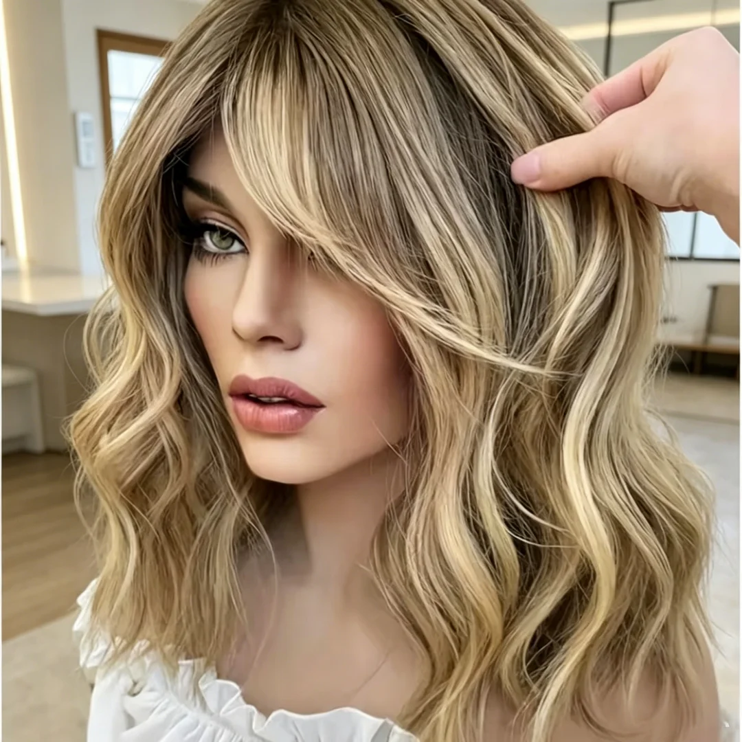 Wave 24Inch Pre-Plucked Highlight Blond with Bangs Natural HD Lace Wig for Women Transparent Lace Frontal Versatile Hair Wig