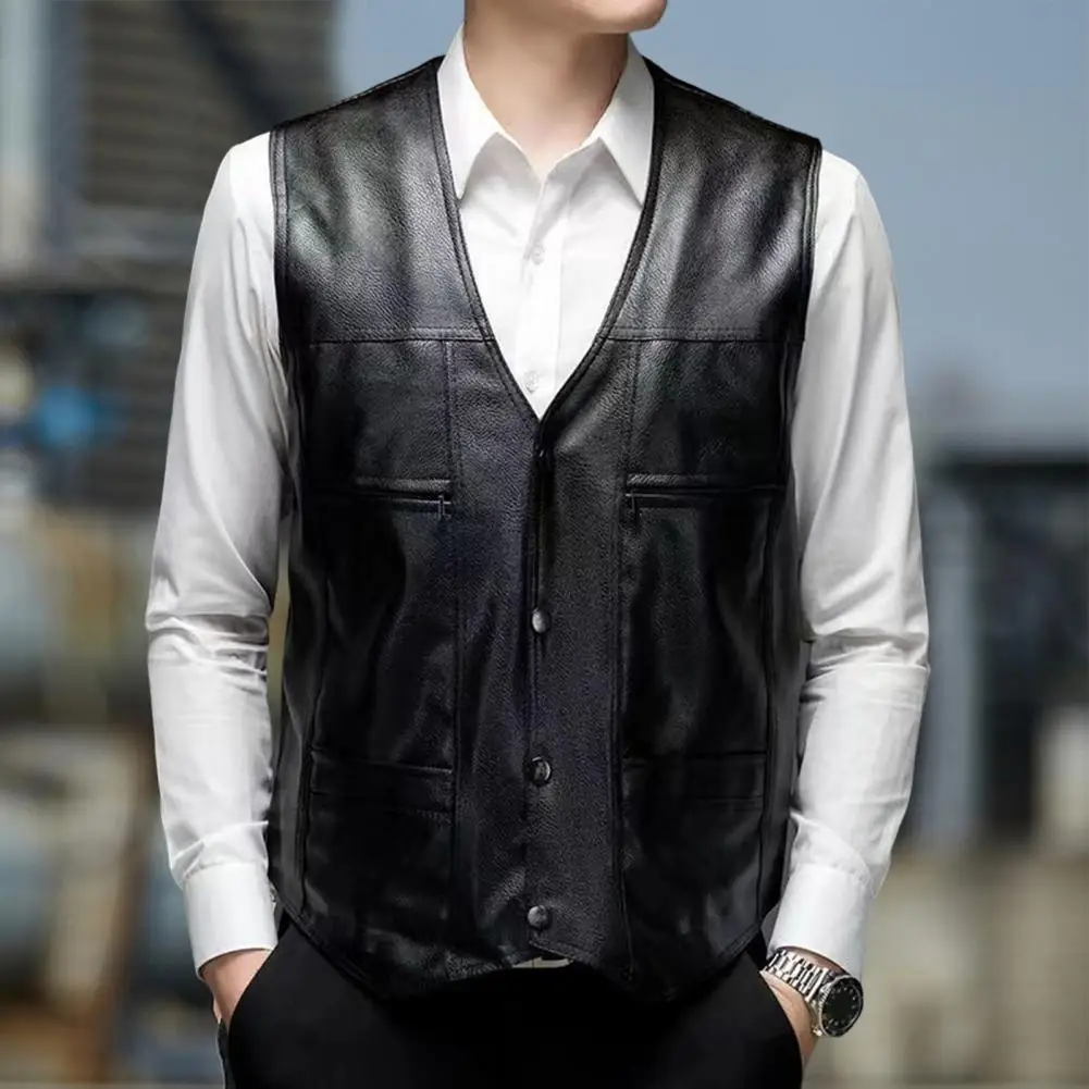 Men Vest Solid Color Single Breasted Loose Coldproof Plus Size Faux Leather V Neck Plush Lining Waistcoat Streetwear