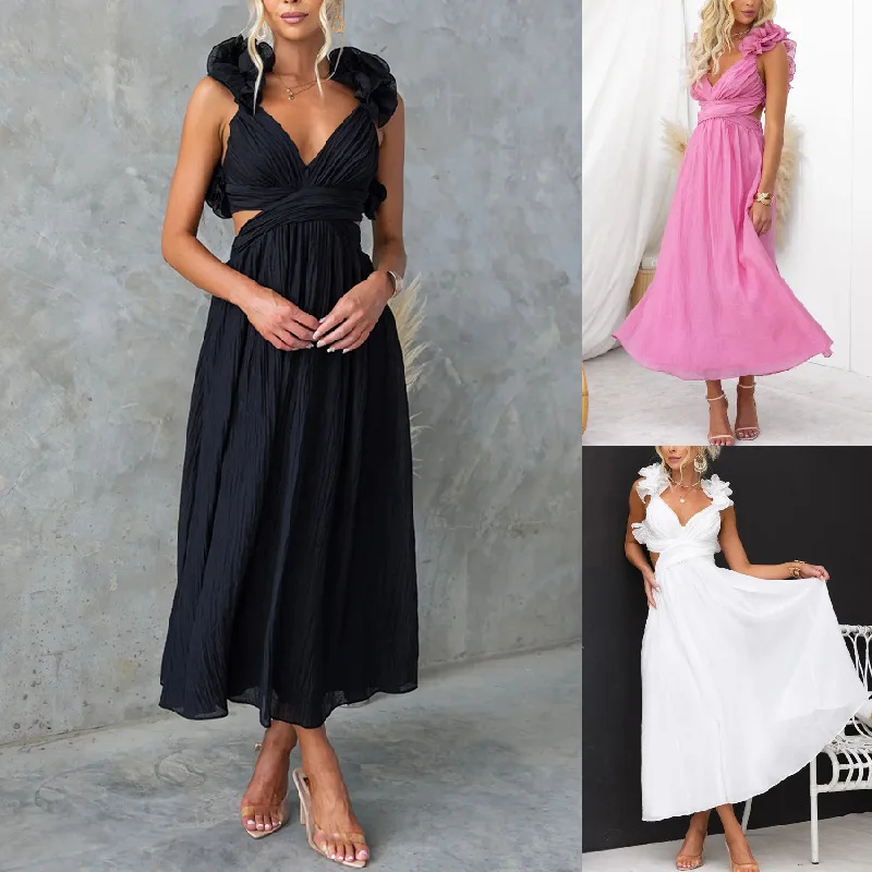 Deep V-neck Solid A-line Midi Dress For Women Fashion Summer Sexy Backless Elegant Lace Up Long Dresses Hollow Out Trend Party