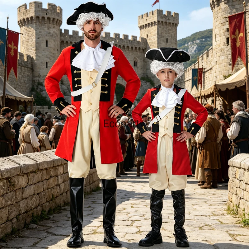 Adult Kids George Washington Costume Red Colonial Revolutionary War Uniform Suit Parent-child Halloween Carnival Party Outfits