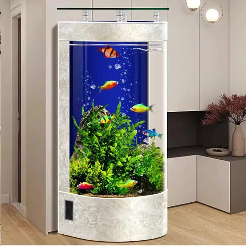 Round glass aquarium (domestic living room, floor-to-ceiling) with filtration and oxygenation system and ecological function
