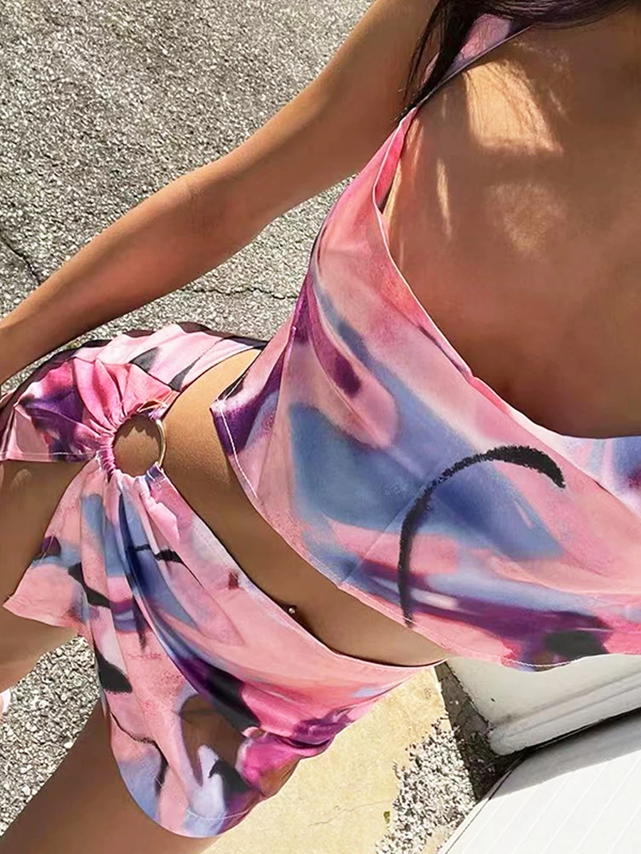 Women Summer 2 Pieces Outfits Tie-Dye Print Sleeveless Backless Crop Cami Tops Mini Short Skirts Set