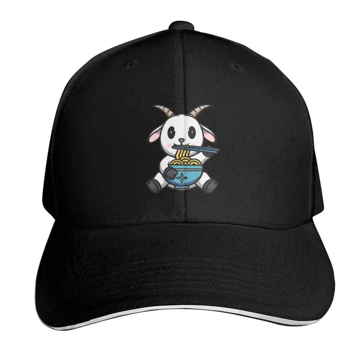 Cute Goat Eating Ramen Baseball Cap Moisture Wicking Quick Dry Curved Brim Classic Fit Low Profile Unstructured