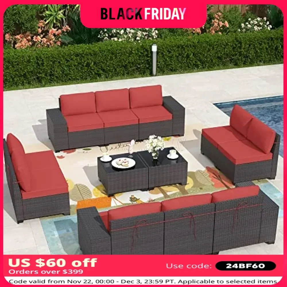 12 Pieces Outdoor Patio Furniture Set Brown PE Rattan Patio Conversation Set w/10 Rose Red Seat Cushions and 2 Coffee Tables