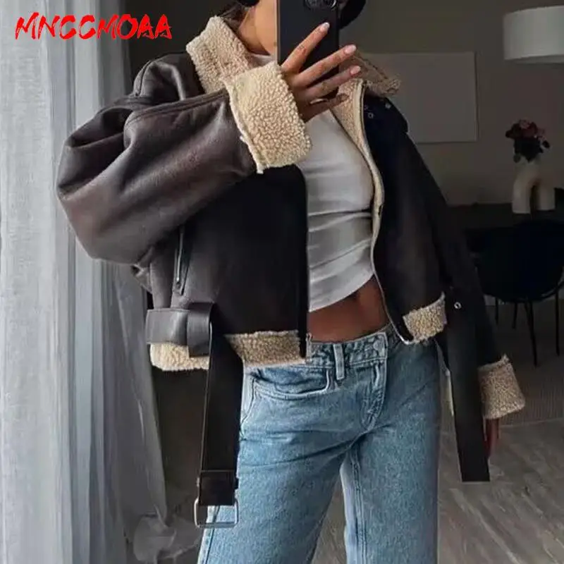 MNCCMOAA-Mulheres Curtas Falso Lambswool Jaqueta de Couro Feminino Casaco Casual Manga Longa Engrossar Quente Top Outwear Moda Inverno 2024