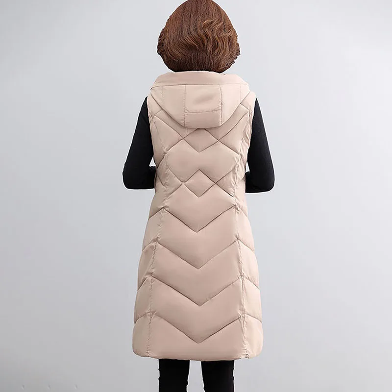 Autumn Winter New Down Cotton Vest Women's Overcoat Elegant Loose Mid-Length Thicke Warm Ware Hooded Waistcoat Vests Jacket