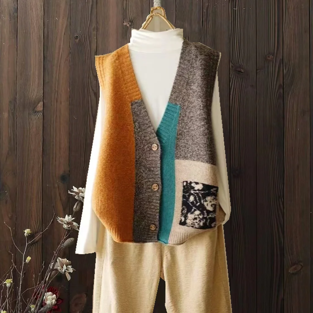 

Вязаный открытый кардиган в стиле ретро, жилет, свободный дизайн, сенсационный свитер, женская верхняя одежда, накладка на плечо, V-образный вырез, пуговицы, чистый цвет, C...