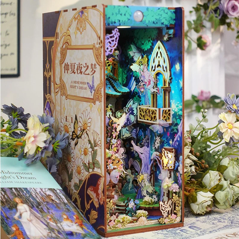 NEW DIY Wooden A Midsummer Night's Dream Book Nook Shelf Insert Kits Miniature Building Kit Bookshelf Assembled Bookends Gifts