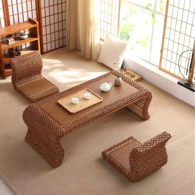 

Straw coffee table handmade new Chinese tatami table bay window table meeting table tea ceremony rattan kang table simple