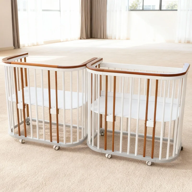 Portable Mobile Wheels Adjustable Baby Crib Newborn Evolving Wooden Newborn Baby Cot Bed for Twins