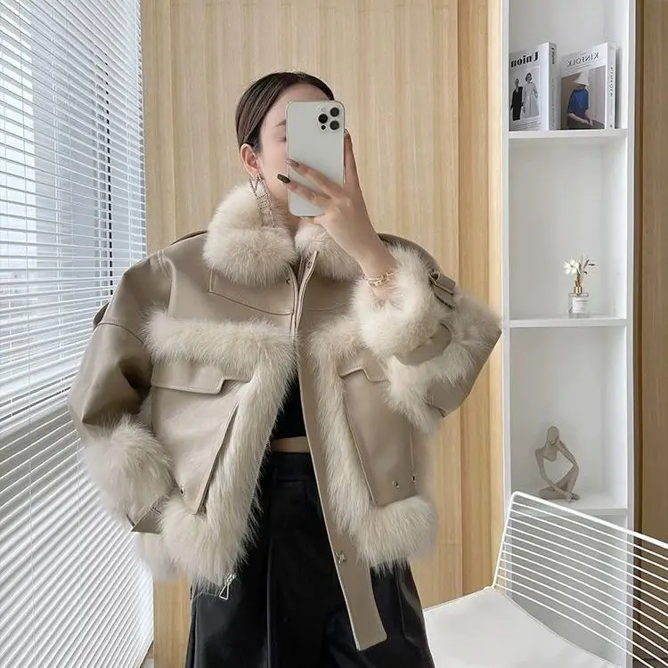 Fashion Faux Fur Splice PU Leather Jacket Women New Autumn Winter High Street Oversize Long Sleeve Zipper Outwear s739