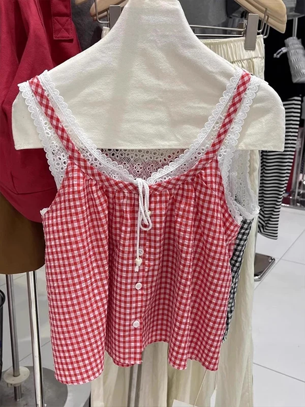 بلوزة نسائية صيفية بدون أكمام من القطن والكتان بنقشة مربعات زرقاء مع دانتيل من مصنع جوانزو الثالث عشر