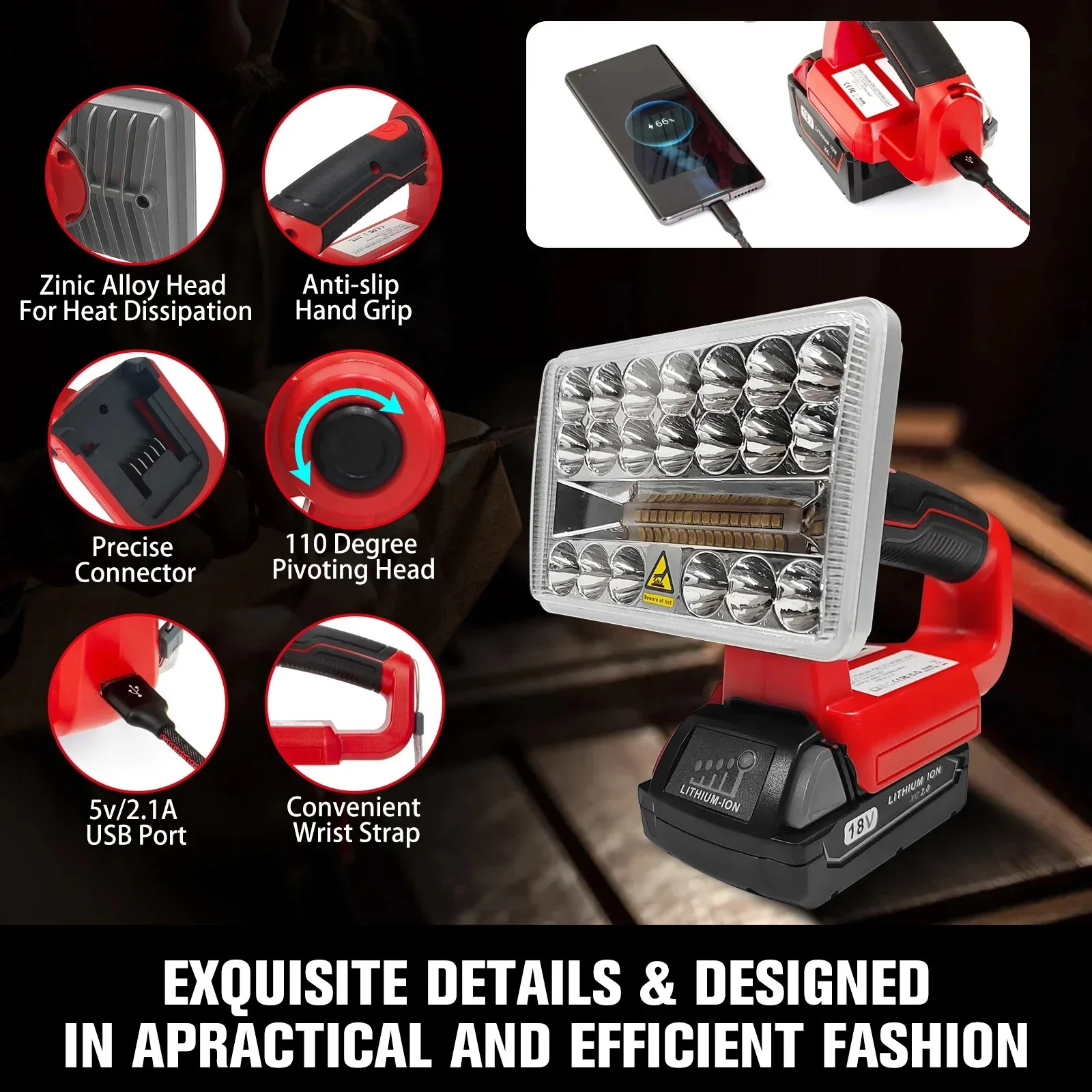 Portable LED Lamp for Milwaukee M18 Tools Li-Ion Battery 18W With USB Indoor Outdoors Work Light High Quality Flashlight