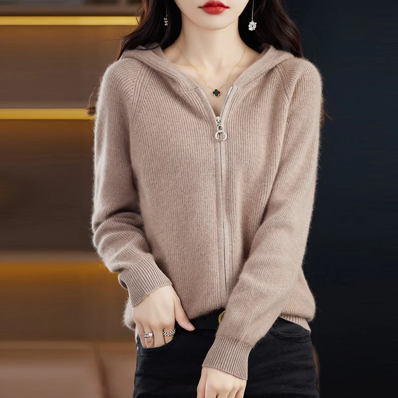 2023 autunno inverno nuove donne 100% visone Cashmere Cardigan colori moda femminile Cardigan con cappuccio lavorato a maglia giacca calda morbida allentata