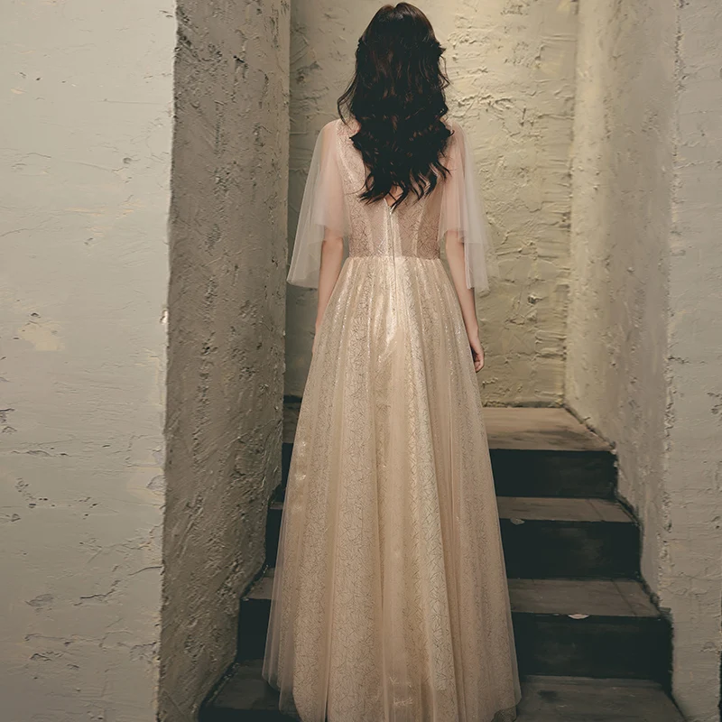 Vestidos de graduación con apliques de lujo, elegantes vestidos de noche formales de tul champán con cuello en V