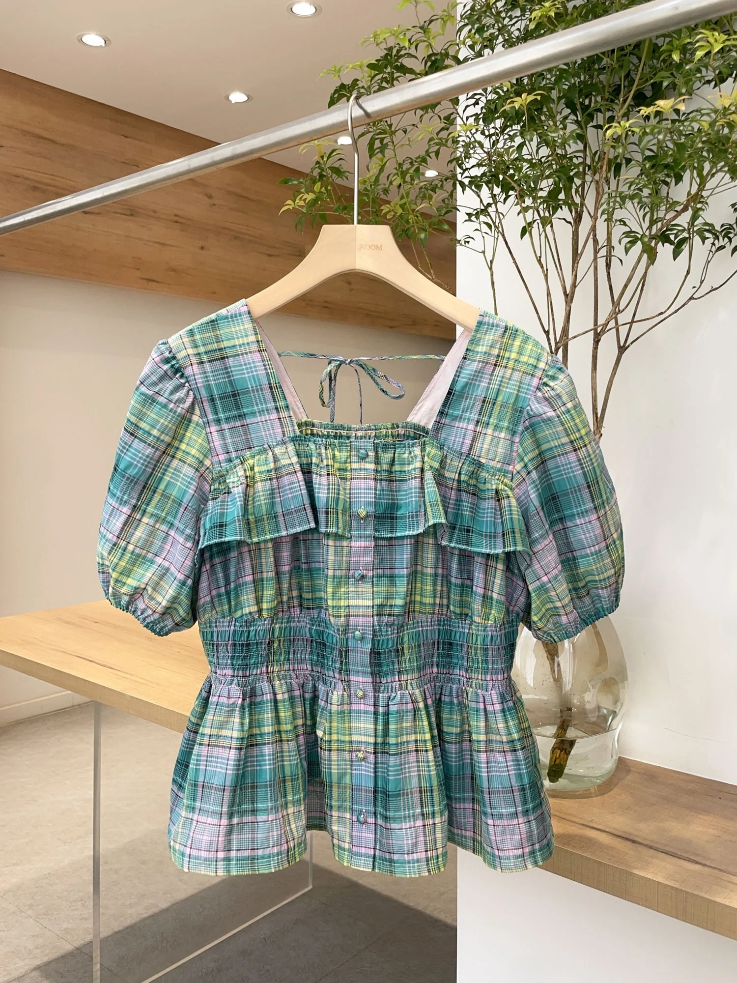 Nok Xiaola Authentic Vintage Bubble Sve Plaid Waist Cinched irt Women's Sweet Sle Slim Fit Cotton Polyester Nylon Blen...